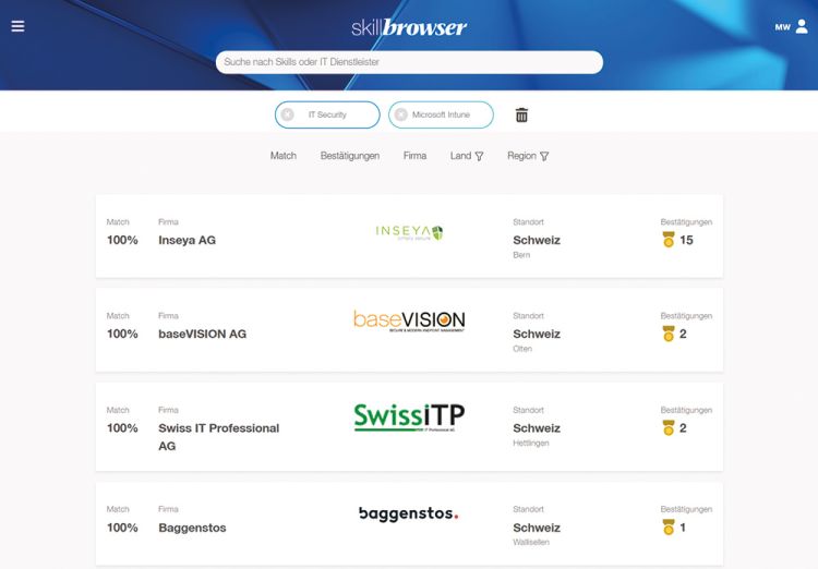 Skillbrowser ermöglicht bei der Suche auch die Kombination mehrerer Skills. Auf der rechten Seite neben dem Anbieter ist die Zahl dessen Bestätigungen am Medaillen- Badge zu sehen. (Quelle: Skillbrowser)